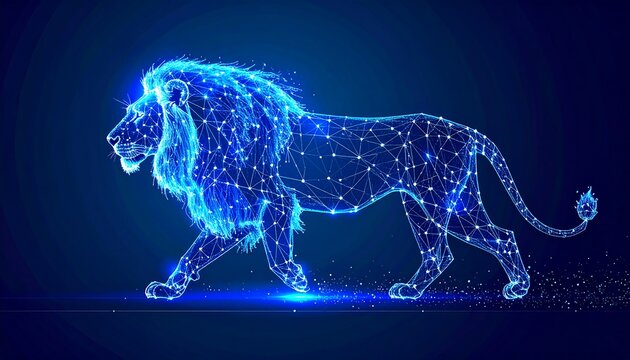 A majestic lion, rendered in glowing blue lines and nodes, strides across a dark background - Powered by Adobe