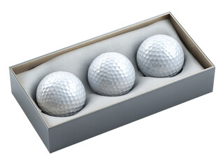 Three Golf Balls Inside Open Display Box on Transparent Background

