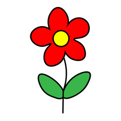 Simple Red Cartoon Flower with Green Leaves