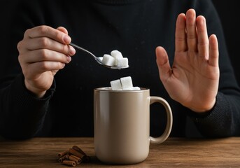 Person refusing added sugar in coffee with a stop gesture