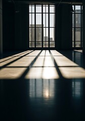 Sunlight streaming through large windows casting geometric shadows on a wooden floor