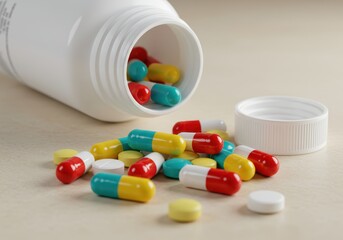 Colorful capsules and pills spilling from a white prescription bottle
