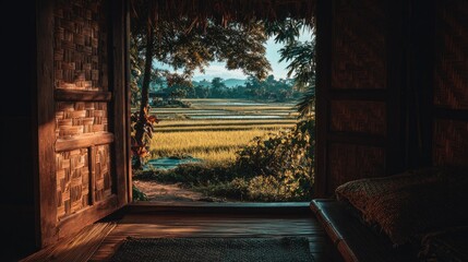 Obraz premium Rustic hut doorway, rice paddy view