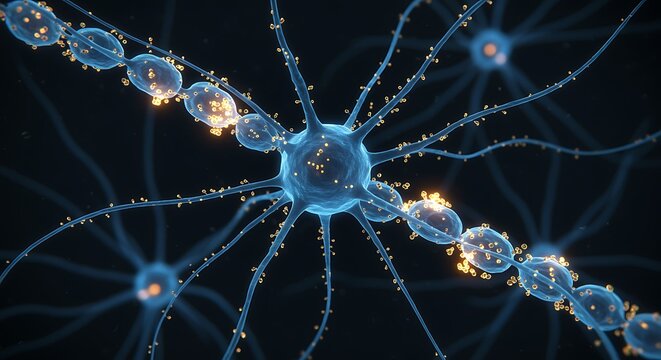 Closeup of a blue neuron with glowing connections