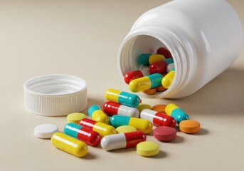 Colorful capsules spilling from a white medicine bottle