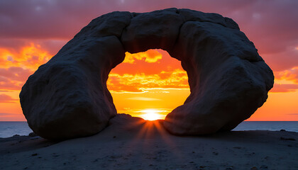 Natural archway rock formation frames vibrant sunset over the ocean
