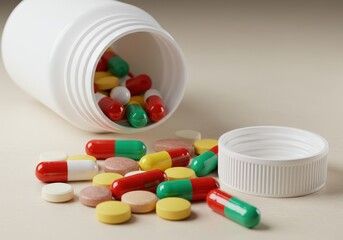 Colorful pills and capsules spilled from a white medicine bottle