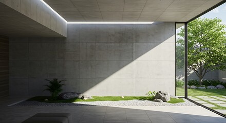 Modern residence interior design with zen garden. Luxury villa with empty concrete wall with sun light, green tree and outdoor plants.