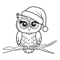 Cartoon owl wearing santa hat perched on a tree branch lineart