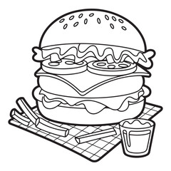 Black and white line art of a burger with fries and sauce