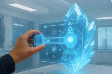 Fototapeta premium A hand interacts with a holographic chess piece and crystal, highlighting the fusion of technology and design in a modern setting