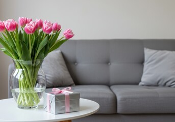 Beautiful pink tulips and gift box on a coffee table