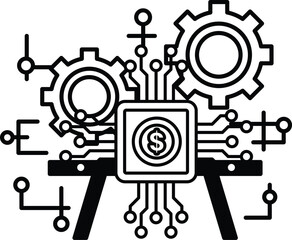 A black and white drawing of gears and a dollar sign