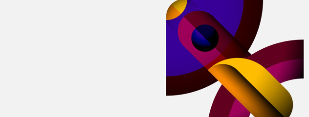 Abstract colorful shapes overlap, creating dynamic composition. Purple, yellow, magenta dominate white background. Modern design element.