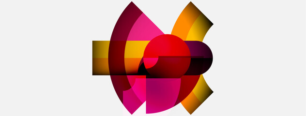 Abstract design features overlapping colorful shapes. Reds, oranges, pinks create dynamic visual impact on white background. Modern, vibrant.