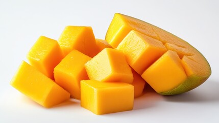 Diced mango pieces on white background