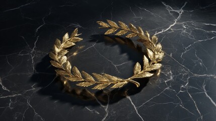 Elegant Roman Laurel Wreath Crafted from Liquid Gold Floating Above Marble Surface