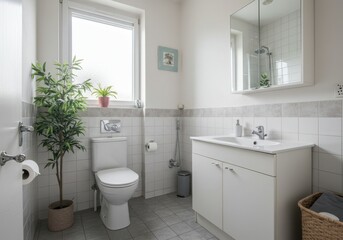 Clean and bright modern bathroom with toilet and vanity