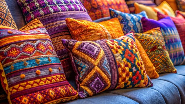 Photo of a closeup view of a collection of vibrantly patterned and textured decorative cushions, adding a bohemian flair to a sofa