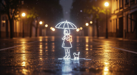 雨の夜に佇むネオンの少女と猫の幻想風景