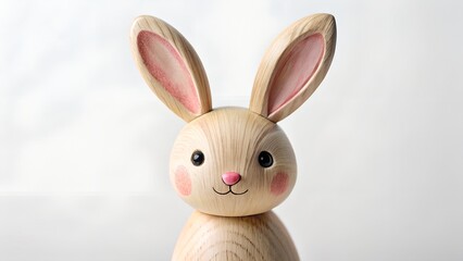 Obraz premium Photo of a charming wooden easter bunny decoration with pink ears and rosy cheeks, isolated on a white background