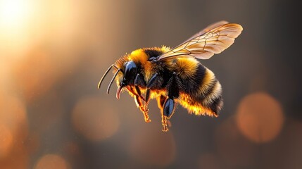 Honeybee in flight against soft background