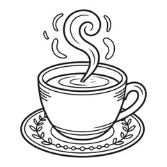 Outline drawing of a steaming cup of coffee on a saucer