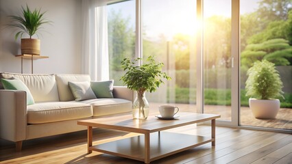 Fototapeta premium Photo of a bright and airy living room features a comfortable sofa, coffee table with a plant and cup, and large windows with garden views