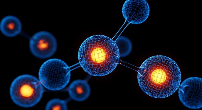 Abstract glowing molecular structure with bright orange cores