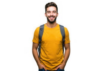 Smiling man with backpack and yellow shirt on transparent background