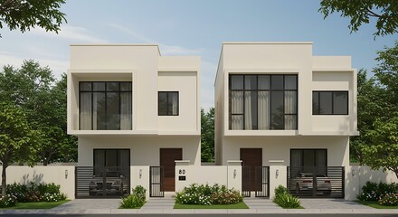 House or Villa's, Villa's with Cream color, Exterior view of 02 story house with modern design and having black glass windows