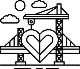 A heart is drawn on a bridge, with a crane in the background