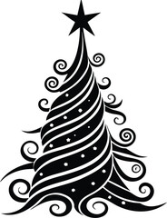 Whimsical Christmas Tree Illustration Black & White Holiday Vector with Swirling Lines, Dots & Star Topper