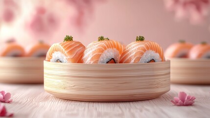 Salmon sushi in wooden bowl against pink background