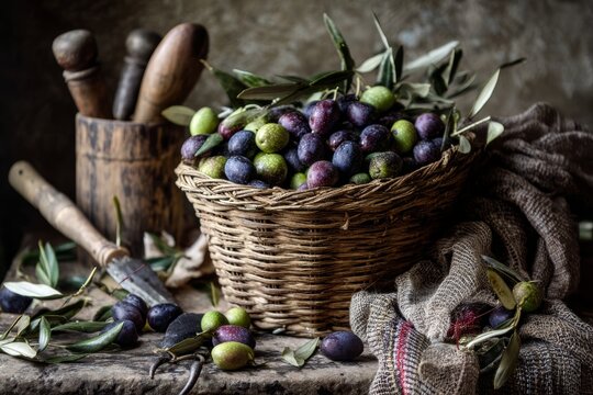 A rustic basket filled with green and black olives sits on a textured surface. Nearby, wooden utensils and burlap fabric add to the natural setting. - Powered by Adobe