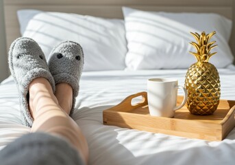 Relaxing morning with cozy slippers and golden pineapple