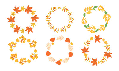 set of hand-drawn autumn leaf wreaths on a white background