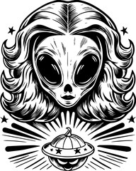 Fototapeta premium SVG of a Halloween animal monster in a fun and spooky tattoo style. Alien Character with Stylish Hair and UFO Design in Vintage Style