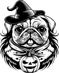 SVG of a Halloween animal monster in a fun and spooky tattoo style. Adorable Pug in Witch Hat with Pumpkin for Halloween Illustration