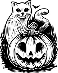 SVG of a Halloween animal monster in a fun and spooky tattoo style. Black Cat with Pumpkin and Bat in Halloween Design Illustration