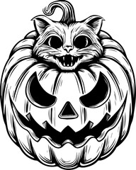 SVG of a Halloween animal monster in a fun and spooky tattoo style. Black Cat Emerging from Spooky Jack-o'-Lantern Illustration