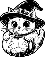 SVG of a Halloween animal monster in a fun and spooky tattoo style. Adorable Cat in Witch Hat with Pumpkin for Halloween Celebration