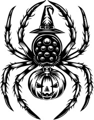 SVG of a Halloween animal monster in a fun and spooky tattoo style. Halloween Spider with Witch Hat and Jack-o'-Lantern Design