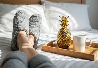 Cozy morning relaxation with slippers pineapple and coffee