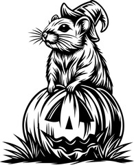 SVG of a Halloween animal monster in a fun and spooky tattoo style. Halloween-Themed Hamster in Witch Hat Sitting on Pumpkin