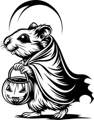 SVG of a Halloween animal monster in a fun and spooky tattoo style. Cute Hamster in Cloak with Pumpkin Basket for Halloween Celebration