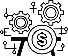 A black and white image of a dollar sign and gears