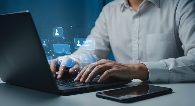 Chatting online, laptop communication user