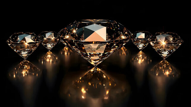 Five lustrous diamonds,  faceted and gleaming, rest on a dark surface, reflecting light.  Golden highlights accentuate their brilliance