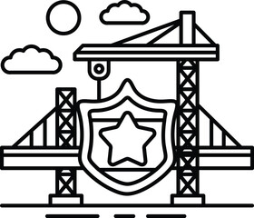 A black and white drawing of a bridge with a star and a shield on it